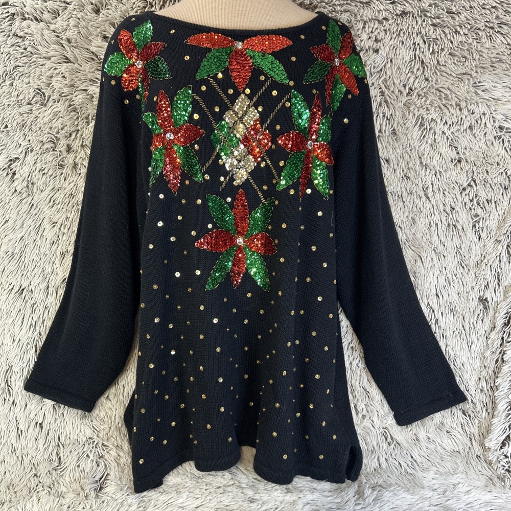 Studio ll Vtg 90's Black Gold Red‎ Green Christmas Sweater Poinsettia Holiday 1X